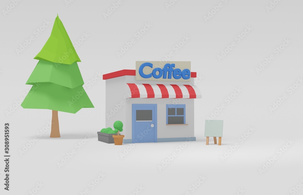 cute coffee low poly isometric shop and store ,building flowerpot and board landscape geometric scene on white background cute shopping & minimal idea creative concept