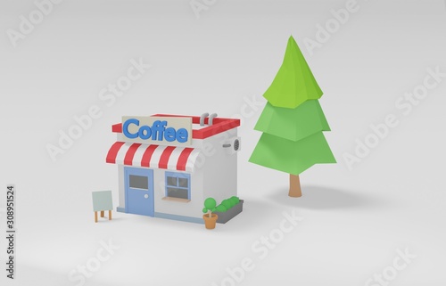 cute coffee low poly isometric shop and store ,building & pine tree flowerpot and board landscape geometric scene on white background cute shopping & minimal idea creative concept" 3d illustration"
