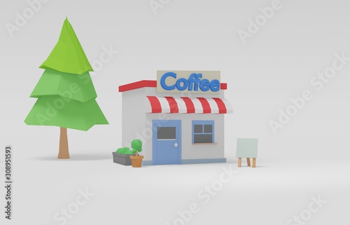 cute coffee low poly isometric shop and store ,building flowerpot and board landscape geometric scene on white background cute shopping & minimal idea creative concept" 3d illustration"