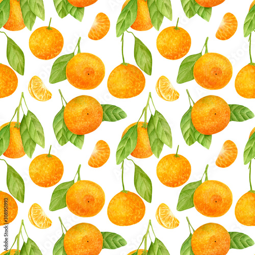 Watercolor tangerine seamless pattern. Hand drawn botanical illustration of mandarin fruits and slices with leaves. Citrus plants isolated on white background for design, textile, package, wrapping
