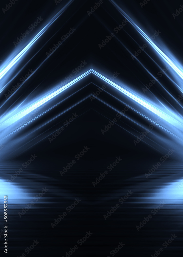 Empty dark abstract background. Background of empty show scene. Glow of neon lights on an empty concert venue. Reflection of light on the pavement. Empty dark abstract background. Background of empty show scene. Glow of neon lights on an empty concert venue. Reflection of light on the pavement.