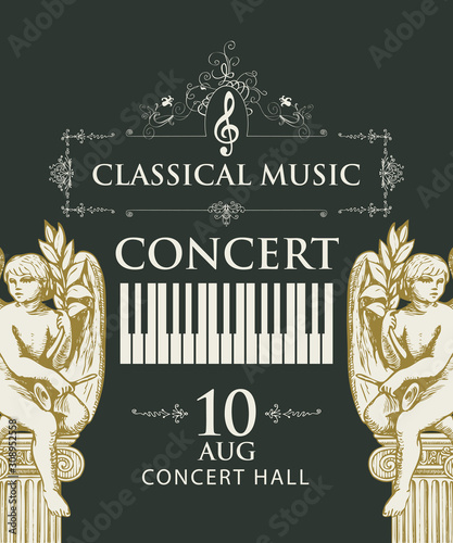 Vector poster for classical music concert with piano keys and hand-drawn sculptures of angels in retro style on a black backdrop. Suitable for playbill, flyer, invitation, other promotional materials