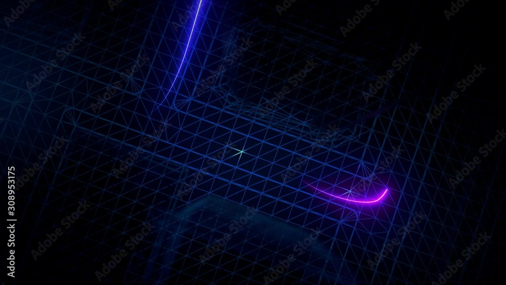 Futuristic digital data city at night with pink and blue neon light lines in motion