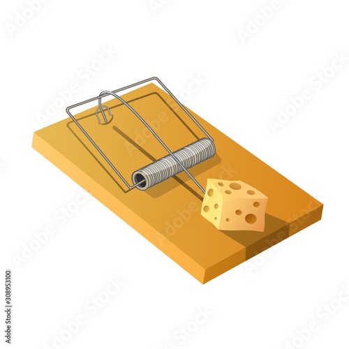 Spring-loaded bar mouse trap isolated on white background. Mousetrap with piece of cheese as food bait. Household tool used for catching rodents or pest control. Cartoon colorful vector illustration.