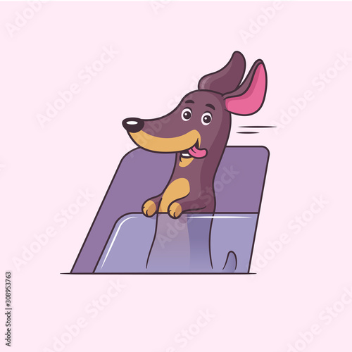 Happy dachshund puppy standing on a car window vector cartoon illustration