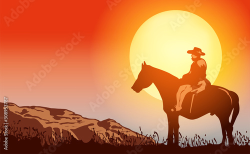 Cowboy on horse ride on sunset. Mountains on the horizon
