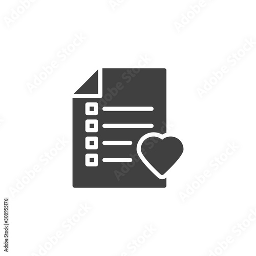 Marriage contract document vector icon. filled flat sign for mobile concept and web design. Checklist and heart glyph icon. Heart diagnostic list symbol, logo illustration. Vector graphics