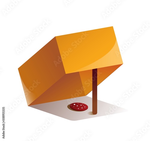 Animal trap made of carton box, stick supporting it and slice of sausage as food bait. Device used for catching pests or prey isolated on white background. Cartoon colorful vector illustration.