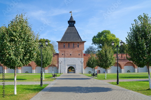 Tula, Russia - September 12, 2019: View of the tower of the Ivanovsky gate in the Tula Kremlin