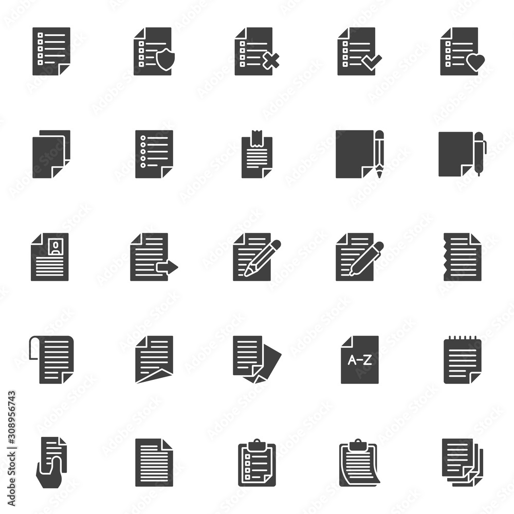 Paper documents vector icons set, Checklist modern solid symbol collection, filled style pictogram pack. Signs, logo illustration. Set includes icons as wishlist, questionnaire, to do list, note paper Paper documents vector icons set, Checklist modern solid symbol collection, filled style pictogram pack. Signs, logo illustration. Set includes icons as wishlist, questionnaire, to do list, note paper