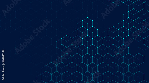 Abstract lines and dots connect background with hexagons. Hexagons connection digital data and big data concept. Hex digital data visualization. Vector illustration
