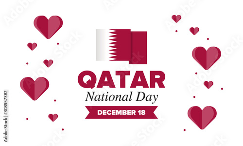 National Day in Qatar. National happy holiday, celebrated annual in December 18. Qatar flag. Patriotic elements. Poster, card, banner and background. Vector illustration