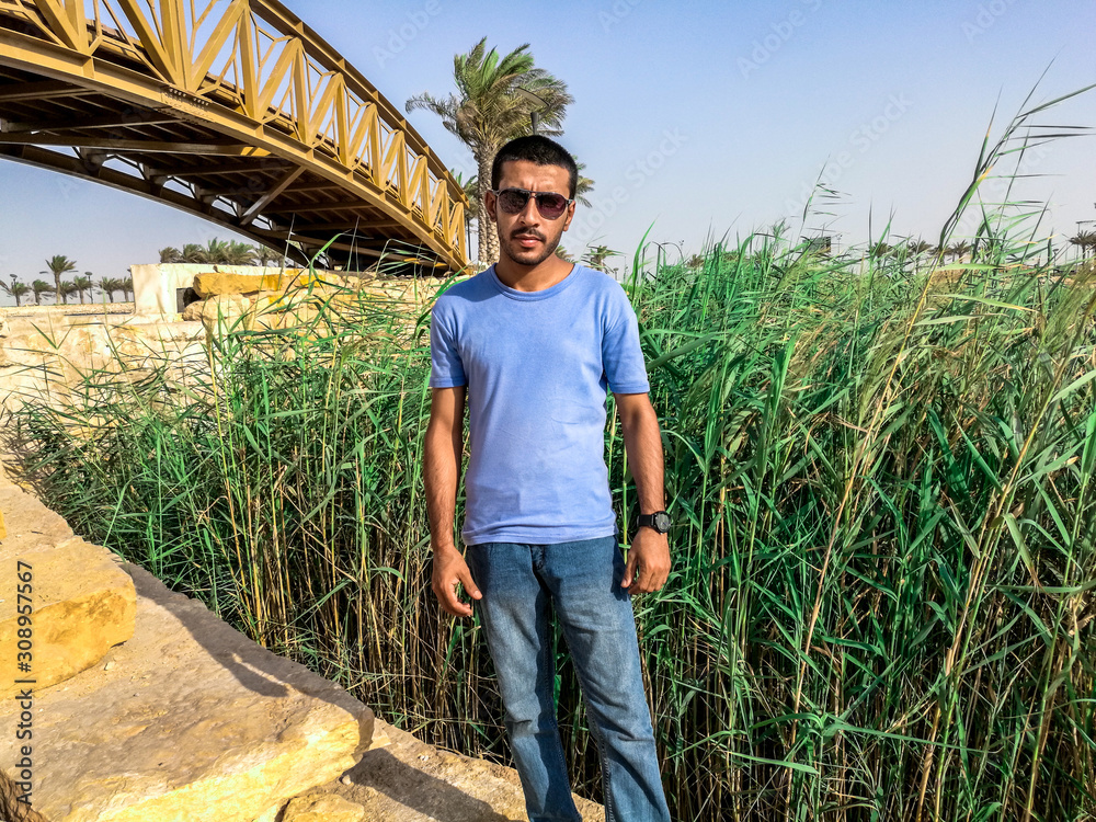 Fototapeta premium a man wearing sunglasses and blue jeans and t shirt posing in a local park with Cortaderia selloana leaves in the background and a vintage bridge