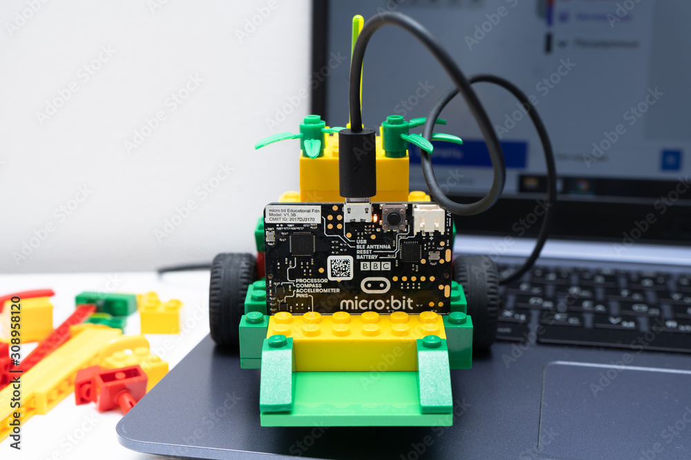 Minsk, Belarus. November, 2019. The BBC robot Micro Bit and lego car. It  can be programming
