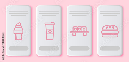 Set line Ice cream in waffle cone, Paper glass and water, Sushi on cutting board and Burger. White rectangle button. Vector