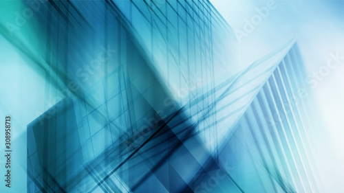 Abstract business modern city urban futuristic architecture background, motion blur, reflection in glass of high rise skyscraper facade, toned blue picture with bokeh. Real estate concept
