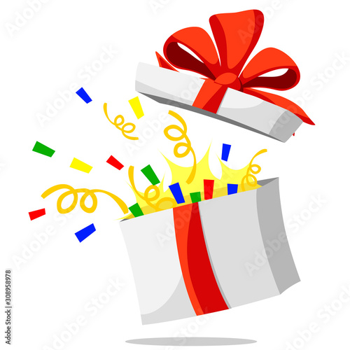 Open gift box flies in the air, confetti flies out of it on white background.