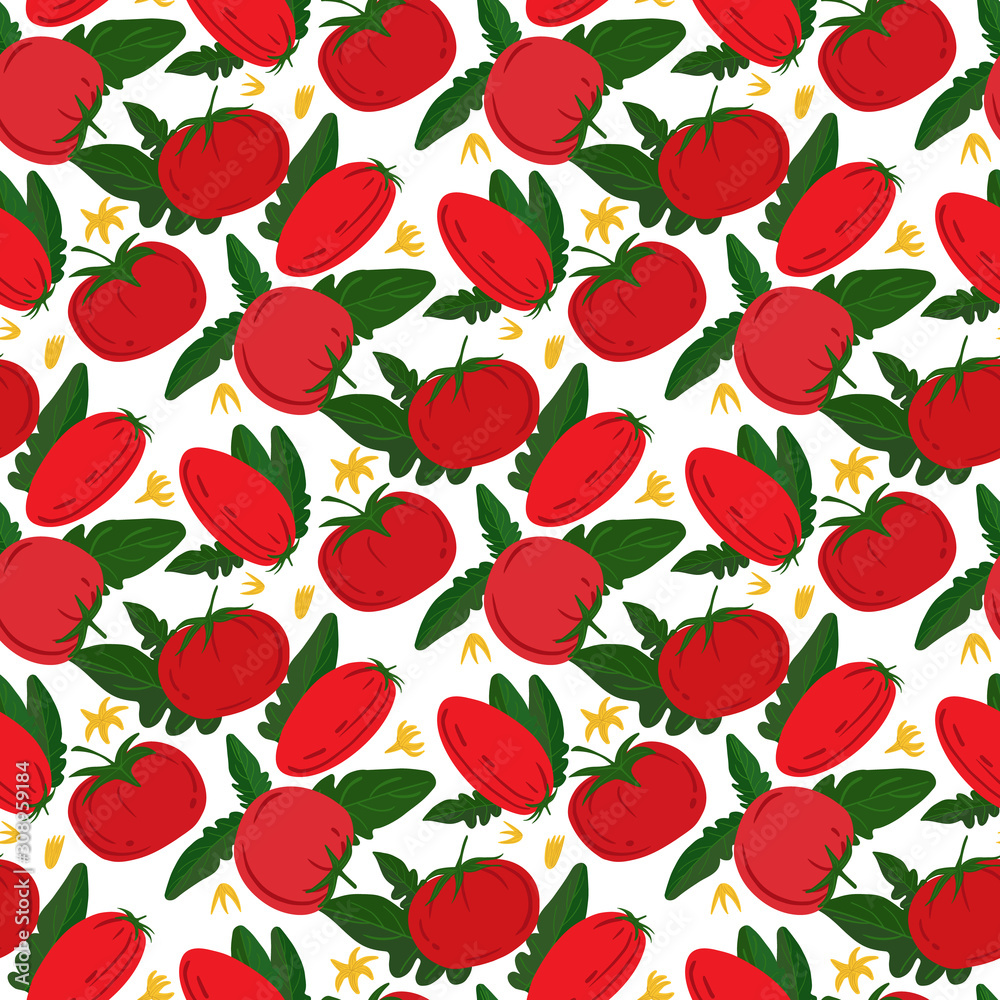Fototapeta premium Seamless pattern with red tomatoes on white background.