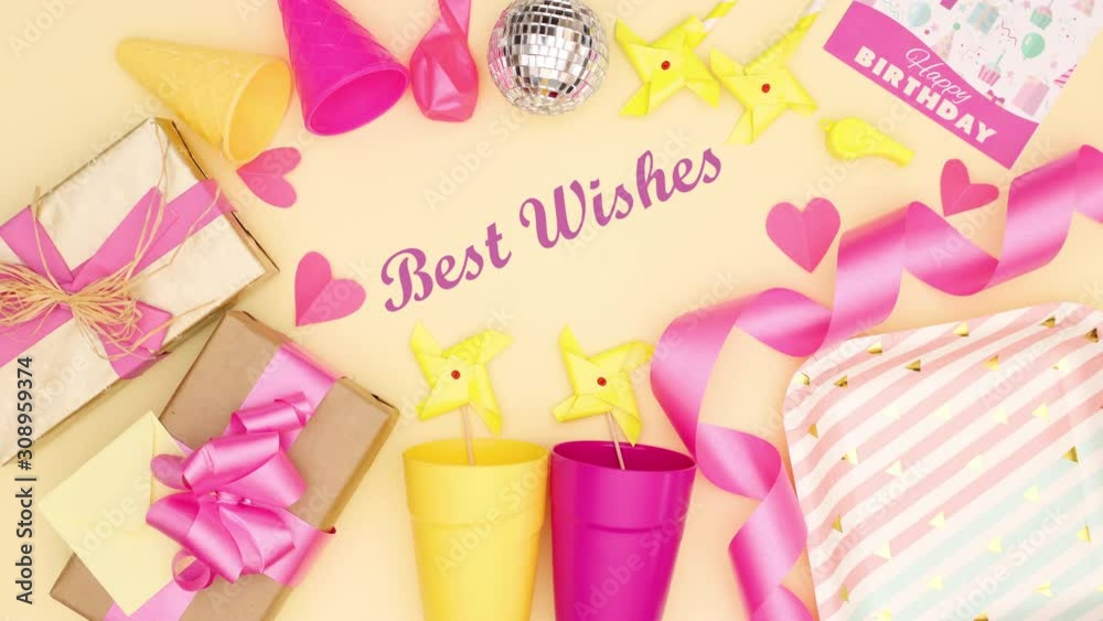 Best wishes title appear with birthday party decorations - Stop motion Best wishes title appear with birthday party decorations - Stop motion