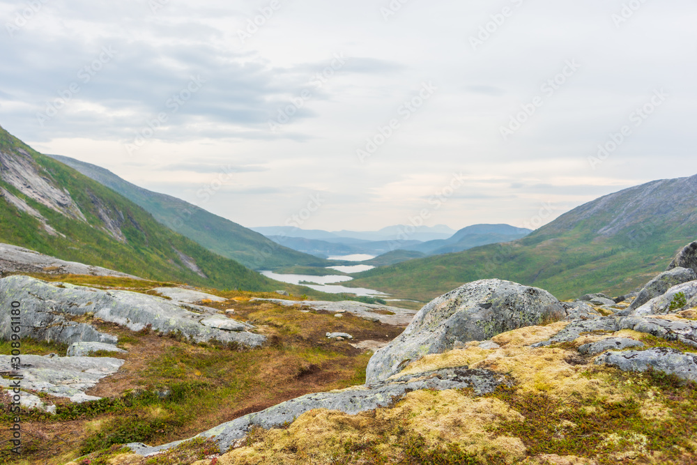View from a high perspective over green mountain landscape with lakes in a valley. In foreground a rocky plateau with yellow colors. Senja, Norway.
