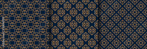 Set of three Gemstone Seamless pattern in minimal trendy style. Gold linear diamonds on a dark blue background. Vector