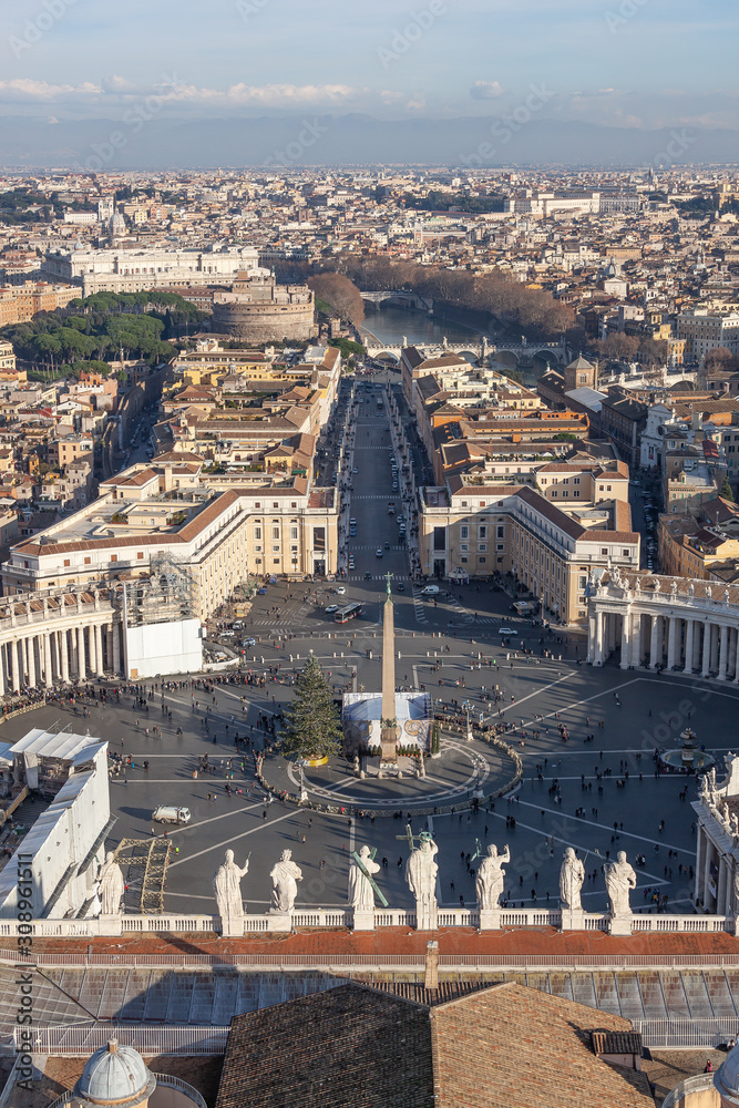 Aerial view of old city Rome from a dome of Saint Peter's Cathedral, Italy