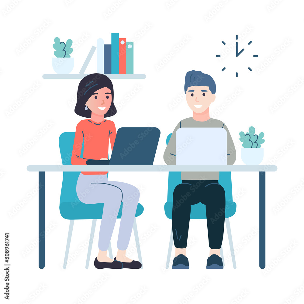 Coworking people. Teamwork employees. Business meeting vector illustration. Freelancers character Coworking people. Teamwork employees. Business meeting vector illustration. Freelancers character