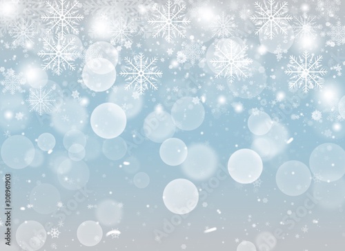 Blue abstract background with white snowflakes winter and bokeh stars blurred beautiful shiny light  use illustration Christmas new year wallpaper backdrop and texture your product.