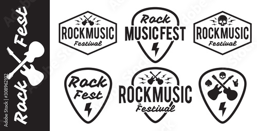 Rock fest badge vector set. Heavy metal hipster logo label guitar pick mediators illustration