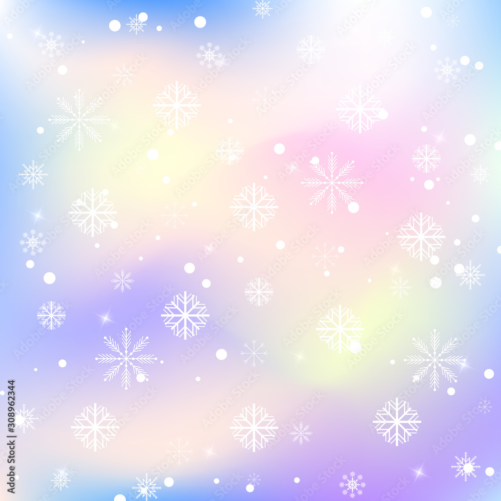 White snowflakes with snow on a beautiful pastel gradient. Winter snow background.