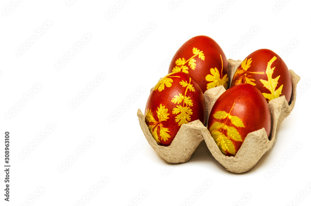 Easter eggs dyed with onion husks with a pattern of fresh leaves of plants on a white background. Creative decoration and DIY concept. Closeup. Postcard with copy space
