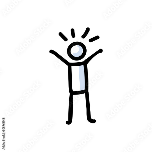 Hand Drawn Optimistic Stick Figure in Cheerful Pose. Concept of Positive Happy Expression. Simple Icon Motif for Glad Mood Communication. Pose, Joy, Funny, Bujo Illustration. Vector EPS 10. 