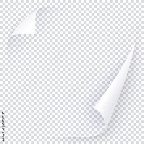 White transparent page with two curl corner, empty paper template for book, magazine. Vector post for notes, memory, remind. 3d realistic illustration of page for text and message.