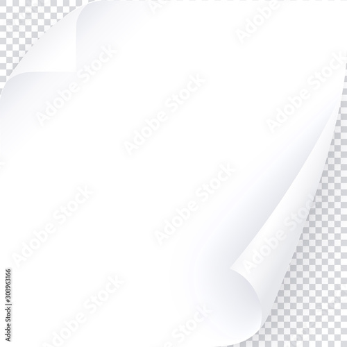 White page with two curl corner and inner shadow, empty paper template for book, magazine. Vector post for notes, memory, remind. 3d realistic illustration of page for text and message.