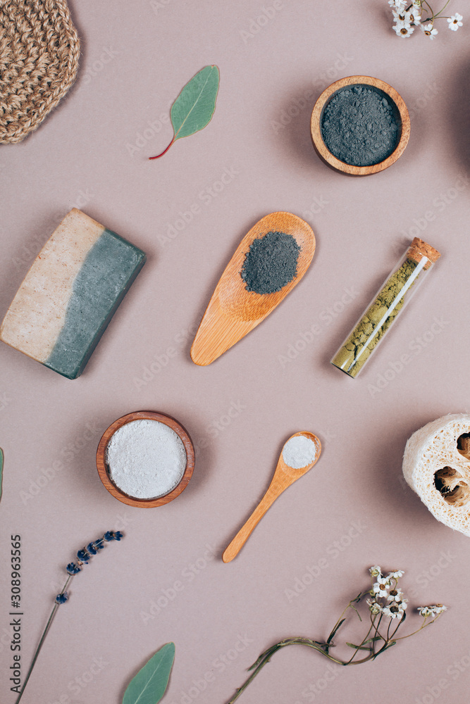 Natural cosmetics pattern with Eucalyptus on grey background as pattern. Flat lay style. Natural cosmetics pattern with Eucalyptus on grey background as pattern. Flat lay style.