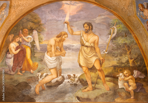 COMO, ITALY - MAY 9, 2015: The fresco Baptism of Jesus in church Basilica di San Fedele by Onorato Andina (18. cent.).