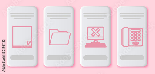 Set line File document, Document folder, Computer with keyboard and x mark and Telephone. White rectangle button. Vector