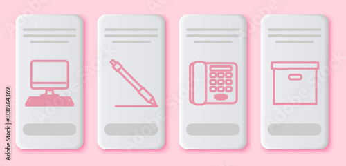 Set line Computer monitor with keyboard, Pen line, Telephone and Carton cardboard box. White rectangle button. Vector