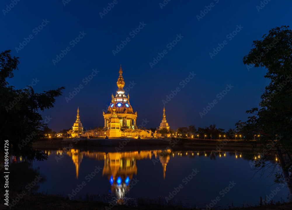 Aerial view shot of eastern Khon Kaen with Wat Thung Setthi temple at twilight time in Thailand.