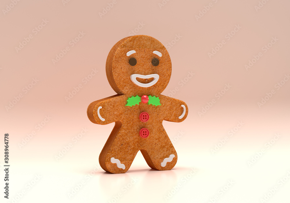 A happy gingerbread man cookie smiling with a christmas bowtie. 3D Illustration Isolated A happy gingerbread man cookie smiling with a christmas bowtie. 3D Illustration Isolated