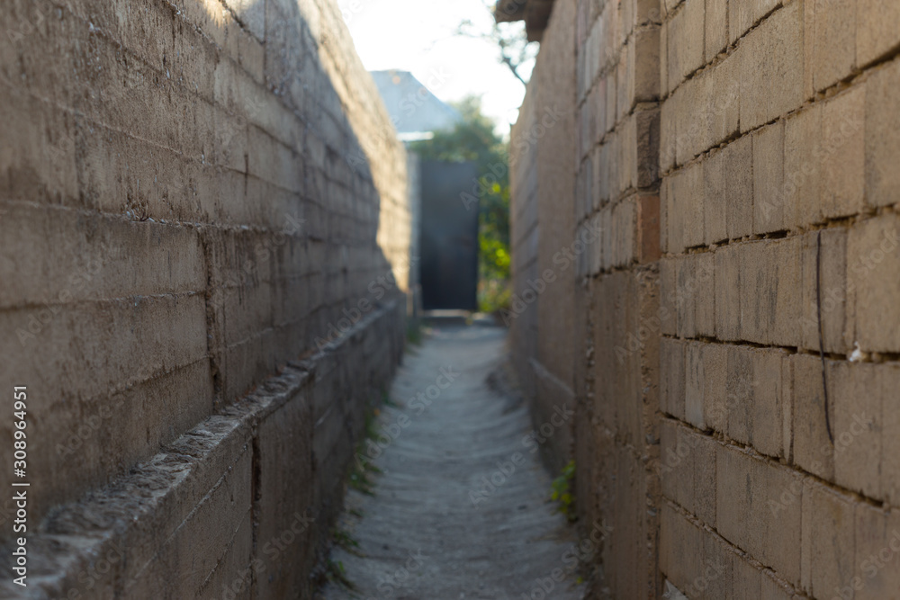 Narrow alley between two fences