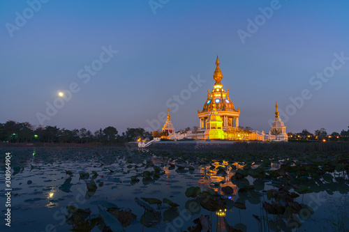 Aerial view shot of eastern Khon Kaen with Wat Thung Setthi temple at twilight time in Thailand. © RoBird