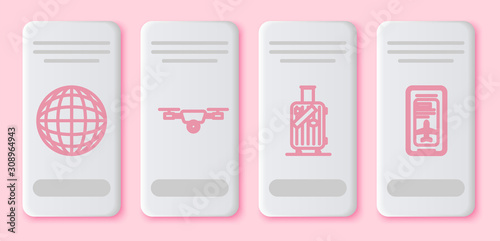 Set line Earth globe, Drone flying with action video camera, Suitcase for travel and stickers and Smartphone with electronic boarding pass airline ticket. White rectangle button. Vector