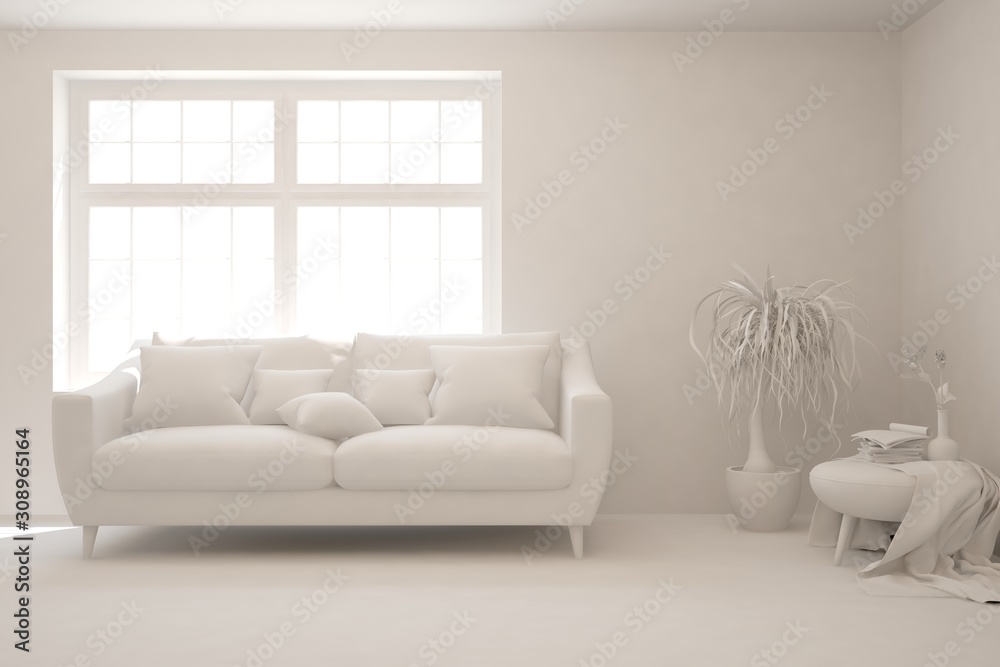 Mock up of stylish room in white color with sofa. Scandinavian interior design. 3D illustration Mock up of stylish room in white color with sofa. Scandinavian interior design. 3D illustration
