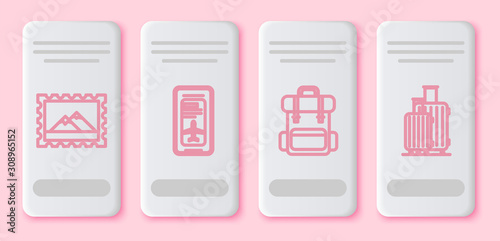 Set line Postal stamp and Mountains, Smartphone with electronic boarding pass airline ticket, Hiking backpack and Suitcase for travel. White rectangle button. Vector