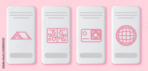 Set line Tourist tent, Passport pages with visa stamps, Action extreme camera and Earth globe. White rectangle button. Vector