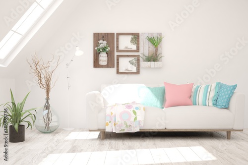 Stylish room in white color with sofa. Scandinavian interior design. 3D illustration