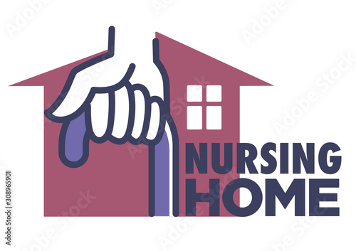 Nursing home logo with hand holding cane and house icon