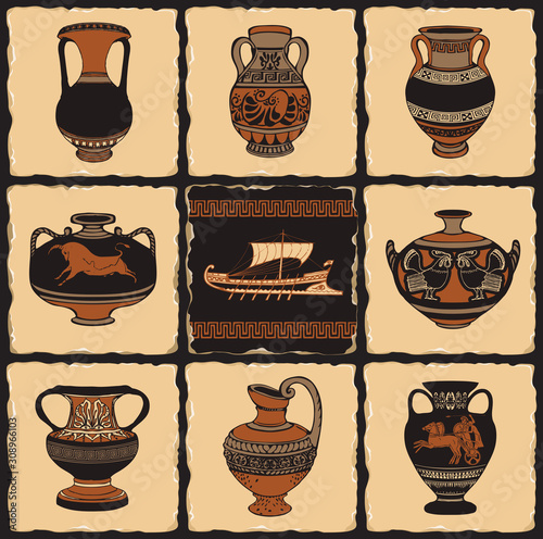 Vector banner on the theme of Ancient Greece in the form of a set of stone tiles, clay or ceramic tiles in retro style. Illustrations with Greek ornaments, amphorae and Ancient Greek ship.