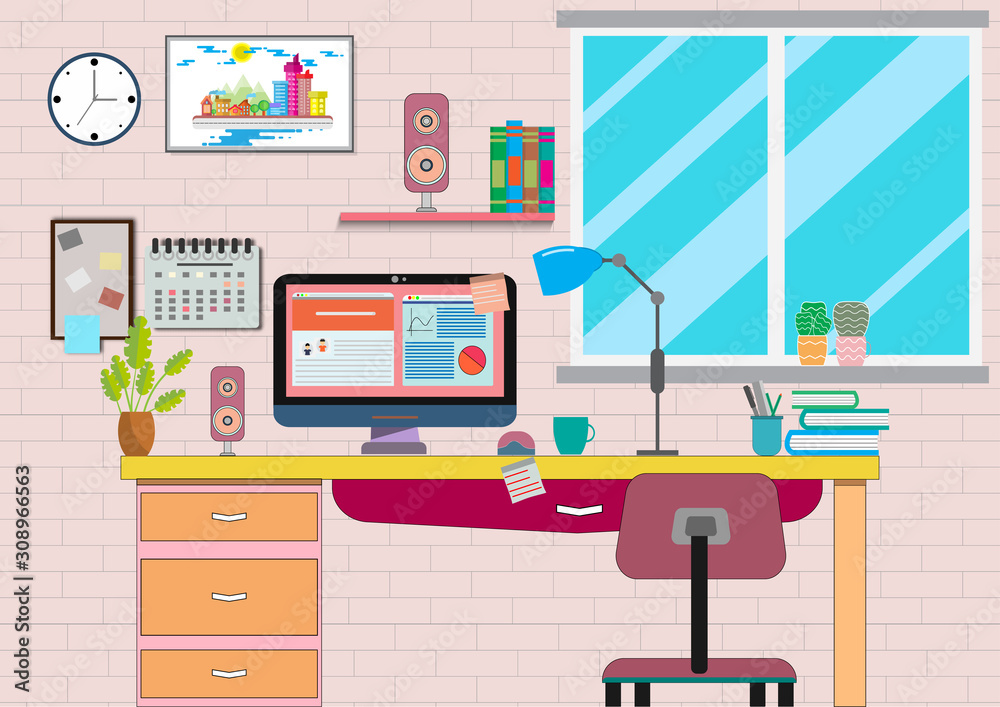 Flat design vector of workplace modern desk with laptop. Office work space with printer,desktop computer use for web, picture, clock, book, Vector interior and workplace concept.